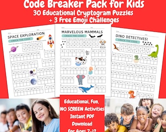 Pack de casse-tête cryptogramme pour enfants – 30 jeux de réflexion amusants et éducatifs | Espace, dinosaures, animaux et plus | Activité d'apprentissage à imprimer pour les 7-12 ans