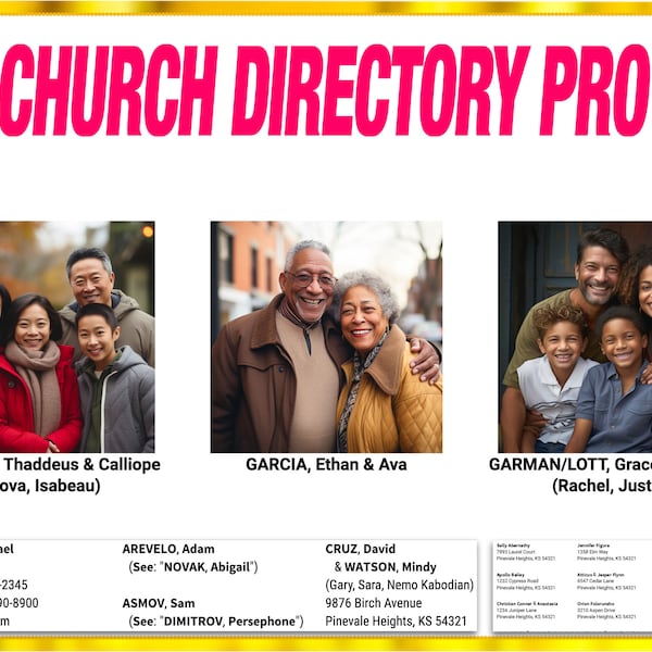 CHURCH DIRECTORY PRO — Template for a beautiful Photo Directory with a Birthday List and Anniversary List for Print & Pdf in Google Sheets