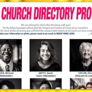CHURCH DIRECTORY PRO —Template for a beautiful Photo Directory with Birthday List, Anniversary List, Mailing Labels and more for Print & Pdf