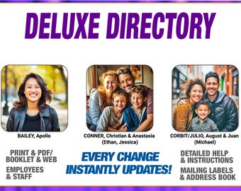 DELUXE DIRECTORY — Instantly generate a Photo Directory, Address Directory, Mailing Labels and more for Print & Web in Google Sheets!