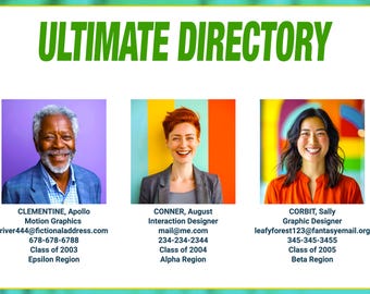 Könnte beinhalten: Das ULTIMATE DIRECTORY zeigt drei berufliche Profile. Clementine, Motion Graphics Designer, Conner, Interaction Designer, und Corbit, Grafikdesigner, sind mit ihren E-Mail-Adressen, Telefonnummern, Abschlussjahren und Regionen aufgeführt.
