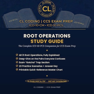 May include: A dark blue study guide for CL Coding CCS Exam Prep featuring ICD-10-CM and ICD-10-PCS. The text includes Root Operations Study Guide, The Complete ICD-10-PCS Companion, 31 root operations, practice scenarios, and a master chart.