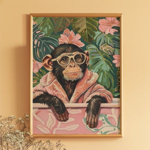 May include: A chimpanzee wearing pink pajamas and round glasses sits in a bathtub with a floral pattern. The chimpanzee is surrounded by lush green tropical plants and flowers.