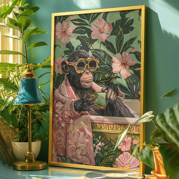 Maximalist Art Animal Bathroom Print, Monkey In The Bath Wall Art, Trendy Wall Art For Bathroom, Animal Prints, Aesthetic Wall Art For Women