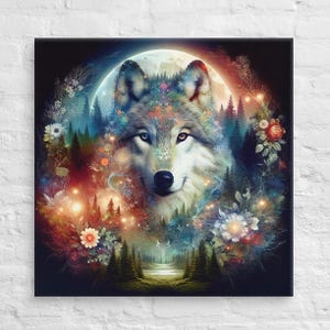 Mystical Wolf Canvas Print - Moonlit Forest Art for Wolf Lovers, Full Moon Wolf Wall Art, Beautiful Wolf Flowers Home Decor Wall Hanging