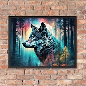 Whimsical Framed Wolf Print with Full Moon: A Thoughtful Gift for Animal Enthusiast, Wolf Framed Wall Art, Wolf in the Forest Home Decor,