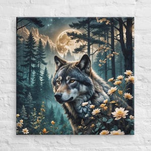 Moonlit Forest Magic: Majestic Wolf Canvas, Stunning Wolf Wall Art for Wolf Lovers, Full Moon Wolf Canvas Print, Perfect Home Decor