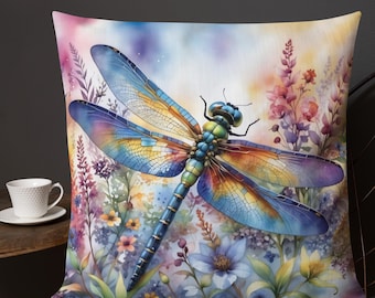 Watercolor Dragonfly and Wildflower Throw Pillow, Floral Home Decor, Nature Lover or Gardener Gift