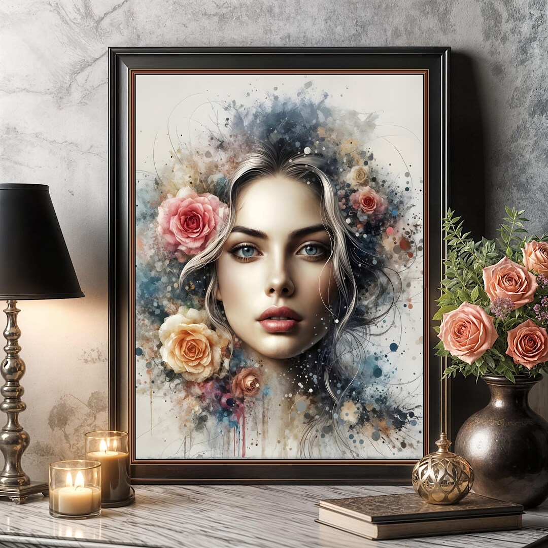 Abstract Woman Art Print - Splatter Style Portrait With Roses, Modern ...