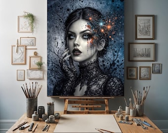 Gothic Woman Art Print – Victorian Portrait Splatter Art Home Decor, Striking Eyes Artwork,