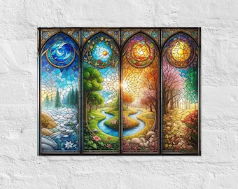 Four Seasons Wall Art Print, Seasons Landscape Stained Glass Artwork, Stained Glass Style Home Decor, Stained Glass Landscape Art