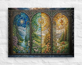 Four Seasons Canvas, Stained-Glass Window Scene, Panoramic Stained Glass Canvas, Beautiful Nature Canvas Showcasing the Four Seasons