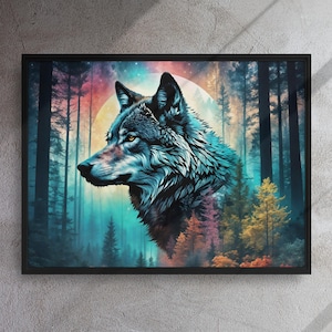 Framed Wolf Art Print, Mystic Full Moon Canvas, Unique Gift Idea for Wolf Lovers, Framed Wolf Canvas Wall Art, Full Moon Wolf Home Decor,