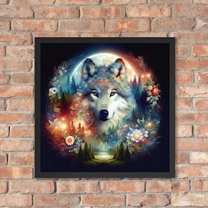 Moonlit Wolf Scene Framed Print, Captivating Wall Decor for Wolf Lovers, Framed Wolf Art Print, Wolf Wall Art, Wolf and Flowers Home Decor