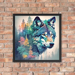Wolf Framed Print, Wolf Wall Art, Wolf Lover Art, Moon Wolf Print, Full Moon Wolf Art, Wolf Forest Art, Wolf in Nature, Abstract Wolf