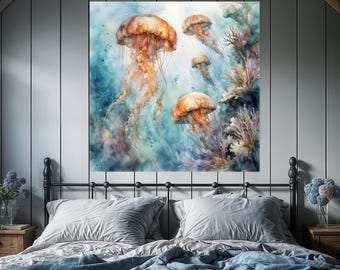 May include: Watercolor painting of jellyfish in shades of orange, brown, and blue. The artwork depicts several jellyfish with long, flowing tentacles, set against a backdrop of coral and a watery environment. The painting is displayed above a bed.
