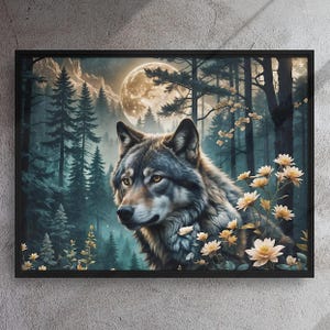 Majestic Wolf in Moonlit Forest, Framed Canvas Print for Nature Lovers, Full Moon Wolf Framed Canvas Wall Art, Wolf Home Decor