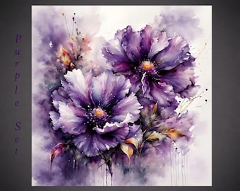 Purple Watercolor Flower Art Prints - Set of 3 - Elegant Botanical Artwork, Floral Home Decor