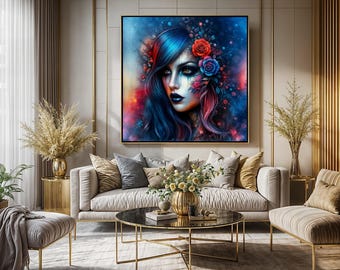 Ethereal Goth Woman Art Print – Surreal Floral Splatter Art Portrait, Dark Feminine Wall Decor