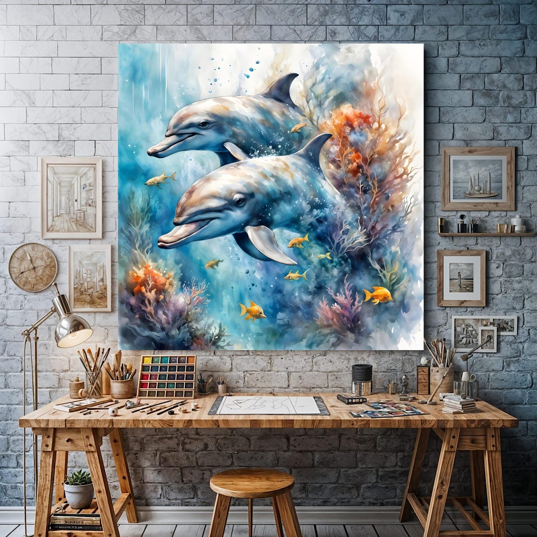Watercolor Dolphin Art Print: Vibrant Coral Reef Marine Life Home Decor ...