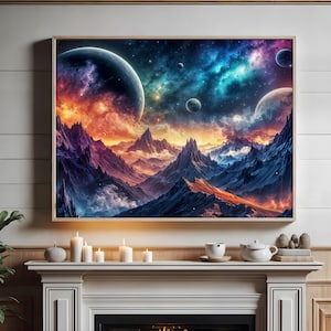 Abstract Galaxy Art Print – Moonscape #5 Surreal Sci-Fi Outer Space Landscape Home Decor
