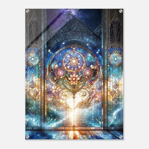 Gothic Stained-Glass Acrylic Print, Gothic Style Church and Flowers Acrylic Wall Art, Vibrant and Durable Wall Art for Home & Office