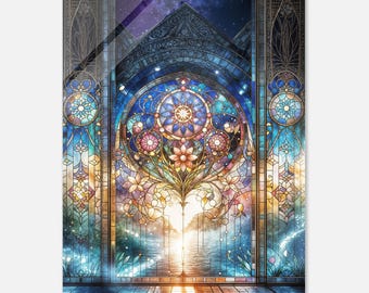 Gothic Stained-Glass Acrylic Print, Gothic Style Church and Flowers Acrylic Wall Art, Vibrant and Durable Wall Art for Home & Office