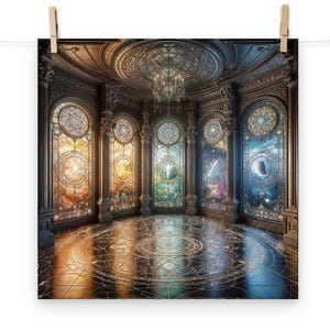 Ornate Room Stained Glass Art Print, Stained Glass Wall Art, Stained Glass Home Decor, Majestic Room with Stained Glass Windows