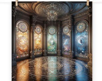 Ornate Room Stained Glass Art Print, Stained Glass Wall Art, Stained Glass Home Decor, Majestic Room with Stained Glass Windows