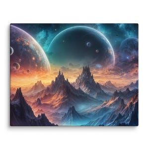 Sci-Fi Mountain Décor Canvas, Cosmic Artwork, Beautiful Alien World, Surreal Night Sky, Moonscape Canvas, Celestial Dreamscape
