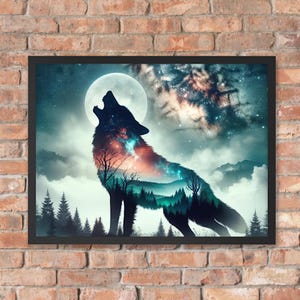 Majestic Wolf Wall Decor, Howling at the Moon Framed Print, Moonlit Wolf Wall Art, Framed Howling Wolf Home Decor, Unique Wolf Lover's Gift