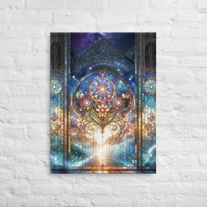 Gothic Style Church & Flowers Canvas, Sunset Mosaic Stained-Glass Style, Fantasy Landscape on Canvas, Stained-Glass Monument