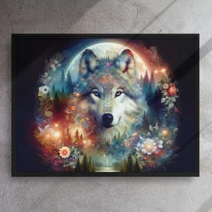 Framed Wolf Canvas, Majestic Wolf Wall Decor, Enchanting Wolf and Full Moon Home Decor, Stunning Wolf Wall Art, Perfect Wolf Lover Gift,