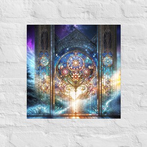 Gothic Style Church & Flowers Art Print, Sunset Mosaic Stained-Glass Style, Fantasy Landscape, Stained-Glass Monument