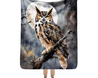 Watercolor Great Horned Owl Sherpa Throw Blanket – Cozy Woodland Art Plush Throw 3 Sizes