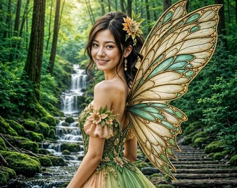 Forest Waterfall Fairy Art Print – Green & Peach Gown Fairy Wall Decor, Enchanted Woodland Fantasy