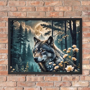 Wolf Framed Print, Wolf Wall Art, Wolf Lover Art, Moon Wolf Print, Full Moon Wolf Art, Wolf Forest Art, Wolf in Nature, Tranquil Wolf