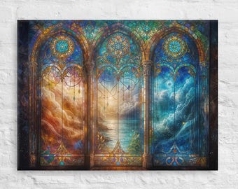 Gothic Window View, Seaside Stained Glass Canvas Art, Seashore Canvas Art, Stained Glass Art, Seashore decoration, Ocean Sunset Canvas Art