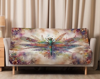 Vintage Designed Dragonfly Sherpa Throw Blanket: Floral Nature Home Decor or Gift