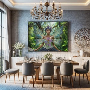 African American Fairy Art Canvas, - Floral Crown and Flower Bodice, Nature Fairy Wall Art, Stunning Teal Translucent Fairy Wings Home Decor