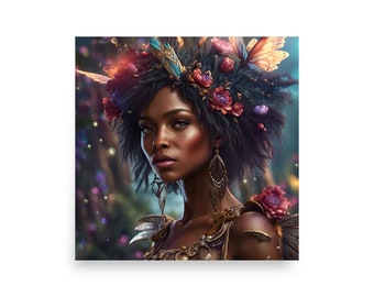 Enchanting Forest Fairy Portrait Poster Series #9, Fairy Art, Black Girl Magic Poster, Beautiful African American Fairy For a Girl's Room