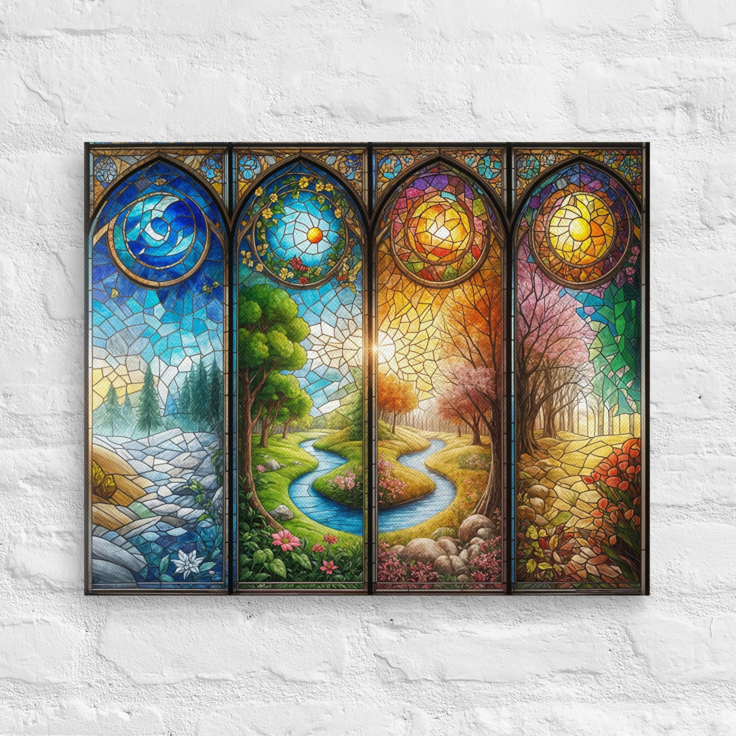 Seasons Landscape Stained Glass Canvas, Four Seasons Canvas Wall Art, Stained Glass Style Home Decor, Stained Glass Landscape Art