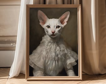 White Sphynx Cat Art Print, Victorian Cat Portrait, Gothic Cat Wall Decor, Anthropomorphic Art, Dark Light Academia Wall Decor AD101