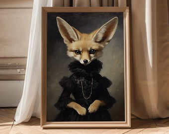 Cute Fennec Fox Portrait, Funny Gothic Animals in Clothes, Victorian Fennec Animal Portrait, Cottagecore, Whimsical Animals Decor AD104
