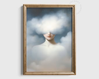 Kopf in den Wolken, Vintage Surreale Wandkunst, Giclée Druck, Himmlische Stimmungsvolles Wanddekor, Retro Surreal, Maximalist Wandkunst, Geschenk für Sie S01