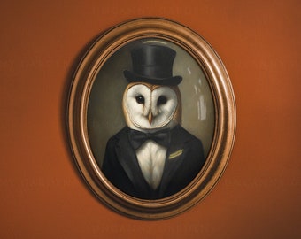 Victorian Owl Gentleman, White Barn Owl Wall Hanging, Funny Gift for Husband, Father's Day Gift for Him, Vintage Animal Print Bird Gift AD15