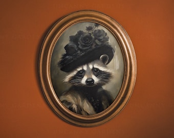Lady Raccoon Victorian Portrait, Raccoon Painting, Vintage Style Raccoon Art Print, Animal Lover Gift, Whimsical Animal Wall Art Poster AD32