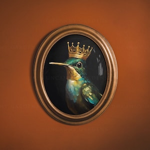 Emerald Green Hummingbird Print, Dark Academia Print, Dark Moody Prints, Bird Lover Gift, Vintage Bird as King with Crown Wall Art AD84