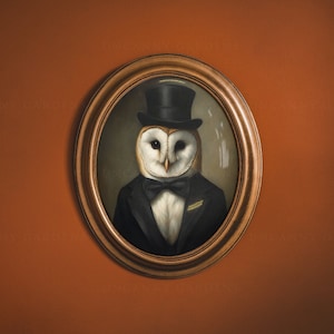 Victorian Owl Gentleman, White Barn Owl Wall Hanging, Funny Gift for Husband, Father&#39;s Day Gift for Him, Vintage Animal Print Bird Gift AD15
