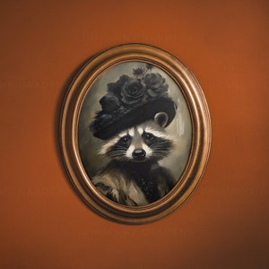 Lady Raccoon Victorian Portrait, Raccoon Painting, Vintage Style Raccoon Art Print, Animal Lover Gift, Whimsical Animal Wall Art Poster AD32
